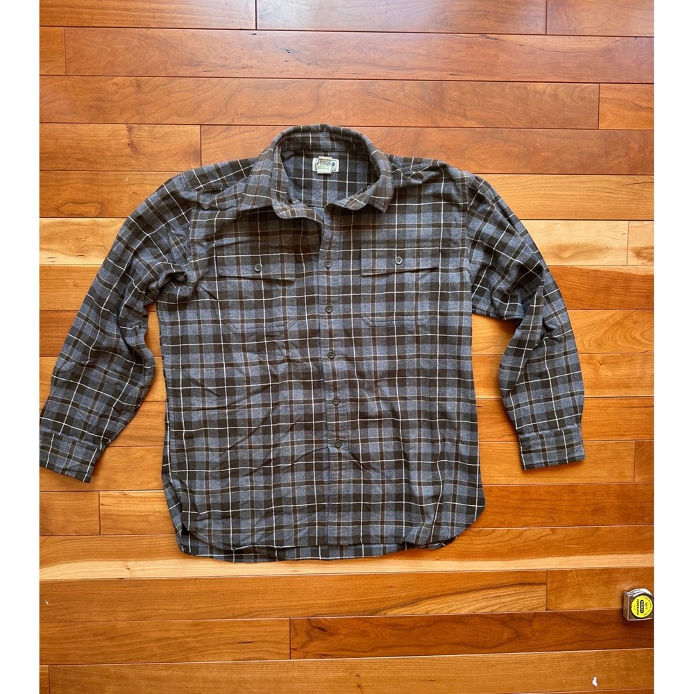 LL Bean Mens Scotch Plaid Flannel Shirt Grey Brown Slightly Fitted Large L-REG